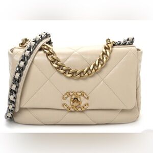 CHANEL Beige Quilted Bag with Gold and Black Chain Small